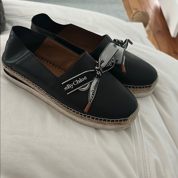 See By Chloe Shoes - See By Chloe Black Espadrille Flats with Logo Detail